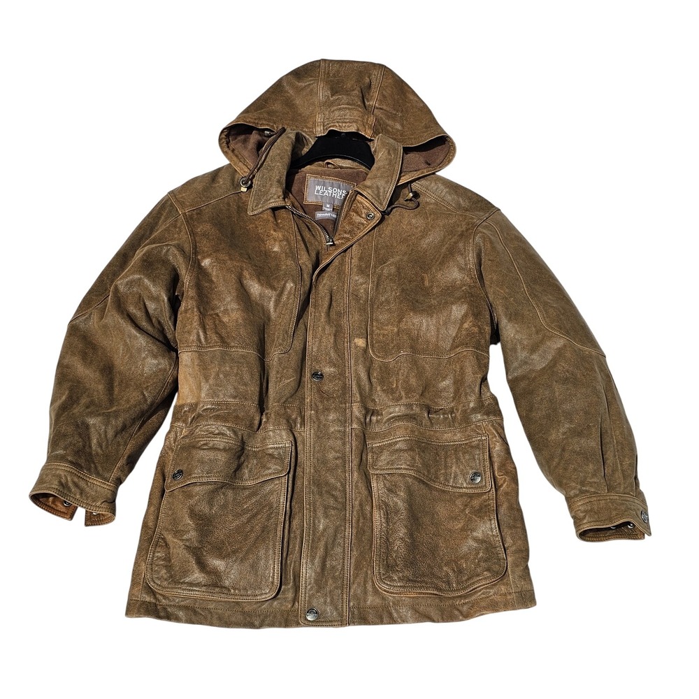 Wilson Men's Size M Brown Leather Insulated Jacket‎ W/ Detachable Leather Hood